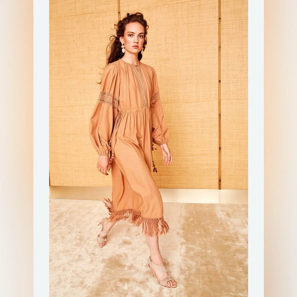 Ulla Johnson Kalea 100% Raw Silk Knit Long Sleeve Midi Dress Brown Beige Tan 4 S - Picture 11 of 11